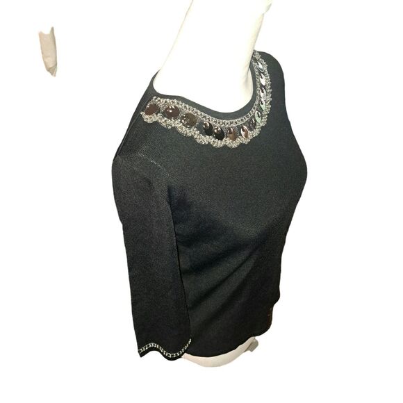 Gorgeous Joseph A Embellished Neckline and Sleeve Black 3/4 Sleeve Shirt Large - Picture 10 of 11